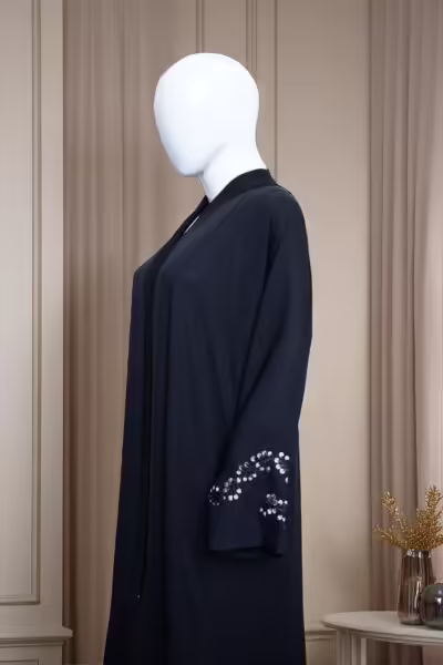 Elegant Navy Blue Embroidered Sleeve Abaya - Image 2