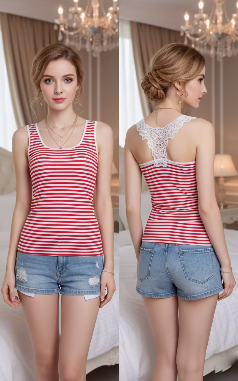 Red & White Striped Camisole with White Lace Back - Image 3