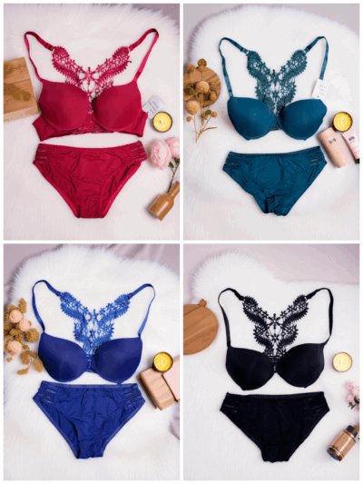 Royal Blue Ornate Lace Back Bra Set - Image 4