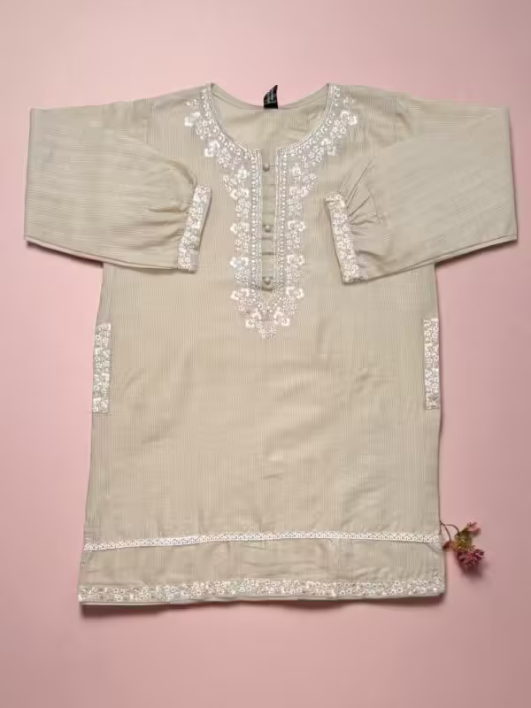 Elegant Light Beige Cotton Embroidered Top with Lace Daman