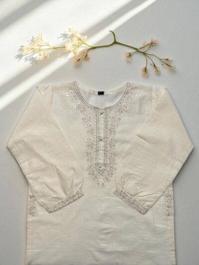 Off-White Cotton Embroidered Top & Navy Blue Denim Trousers Set - Image 3