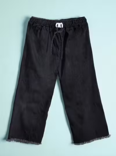 Striped Black & White Fuzzy Patchwork Camisole & Black Denim Trousers Set - Image 4