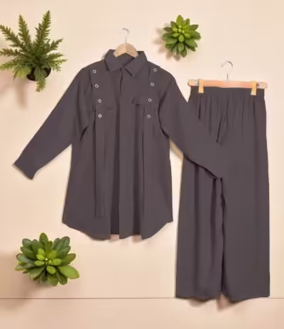 Elegant Charcoal Grey Georgette 2-Piece Shirt & Palazzo Set