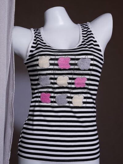 Striped Black & White Fuzzy Patchwork Camisole & Black Denim Trousers Set - Image 2