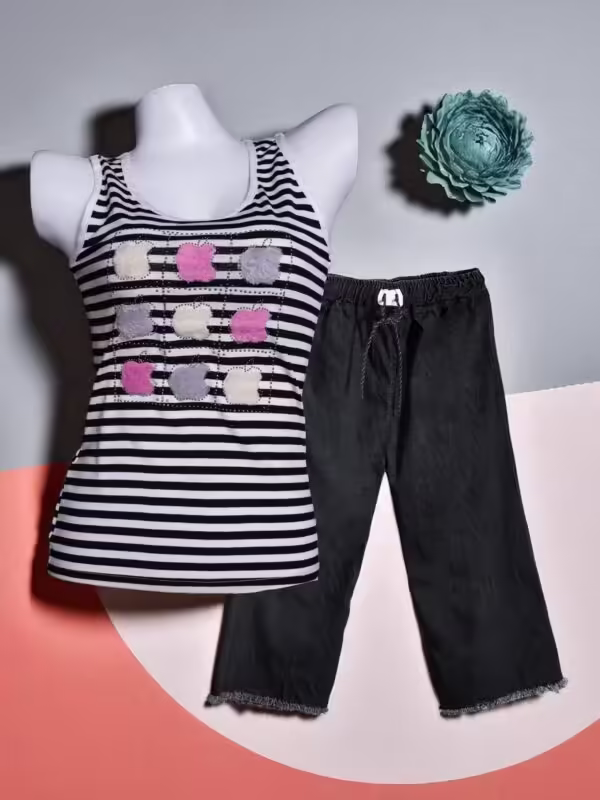Striped Black & White Fuzzy Patchwork Camisole & Black Denim Trousers Set