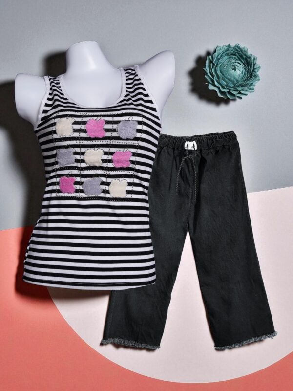 Striped Black & White Fuzzy Patchwork Camisole & Black Denim Trousers Set