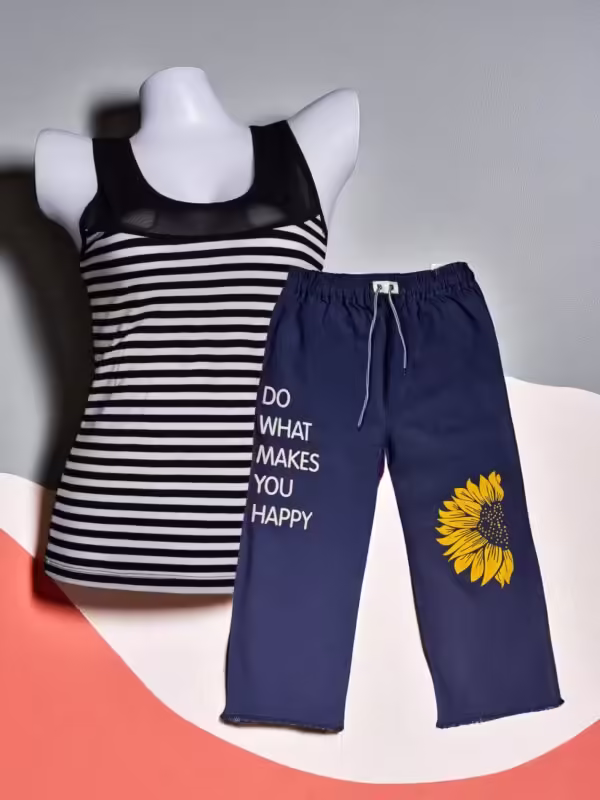 Striped Black & White Mesh Camisole & Printed Navy Blue Denim Trousers Set