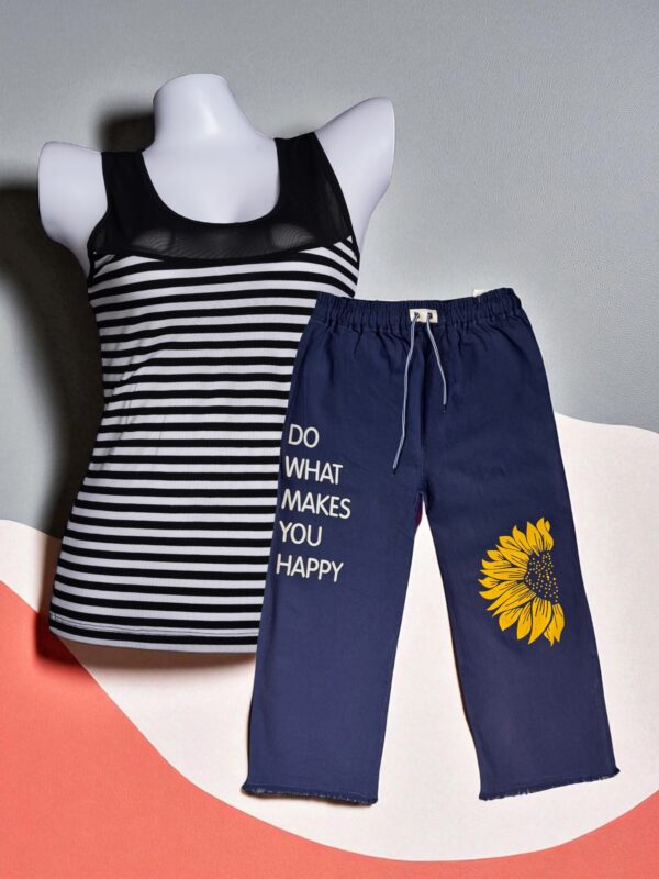 Striped Black & White Mesh Camisole & Printed Navy Blue Denim Trousers Set