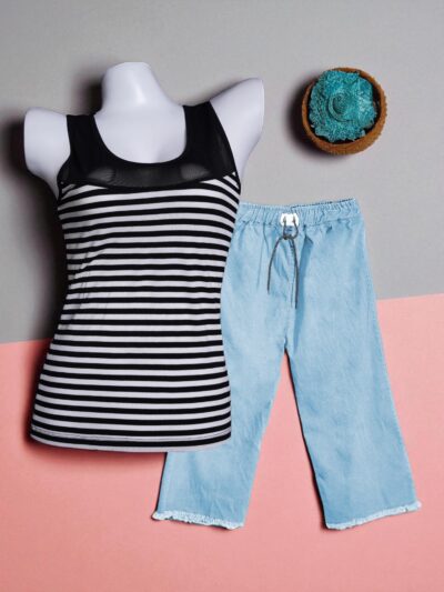 Striped Black & White Mesh Camisole & Sky Blue Denim Trousers Set