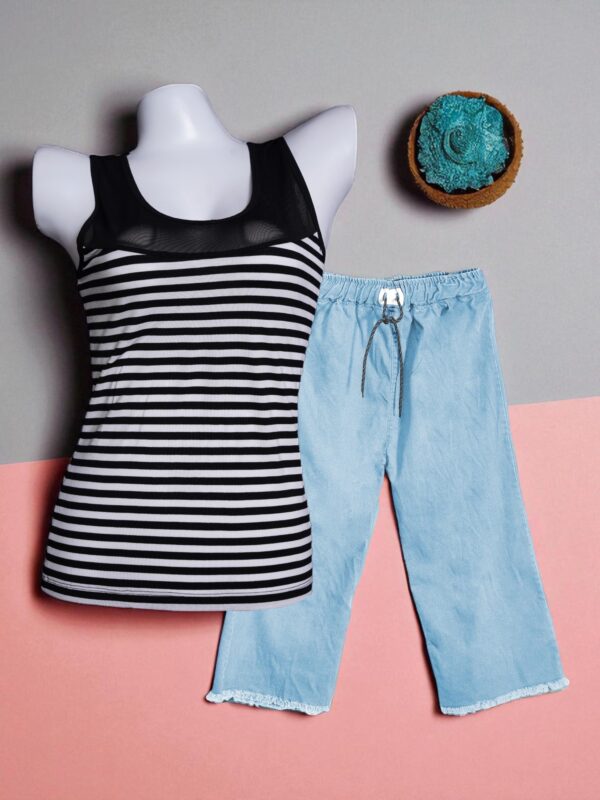 Striped Black & White Mesh Camisole & Sky Blue Denim Trousers Set