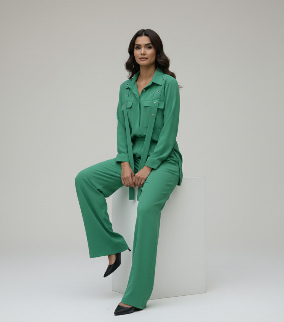 Vibrant Green Georgette 2-Piece Shirt & Palazzo Set - Image 3