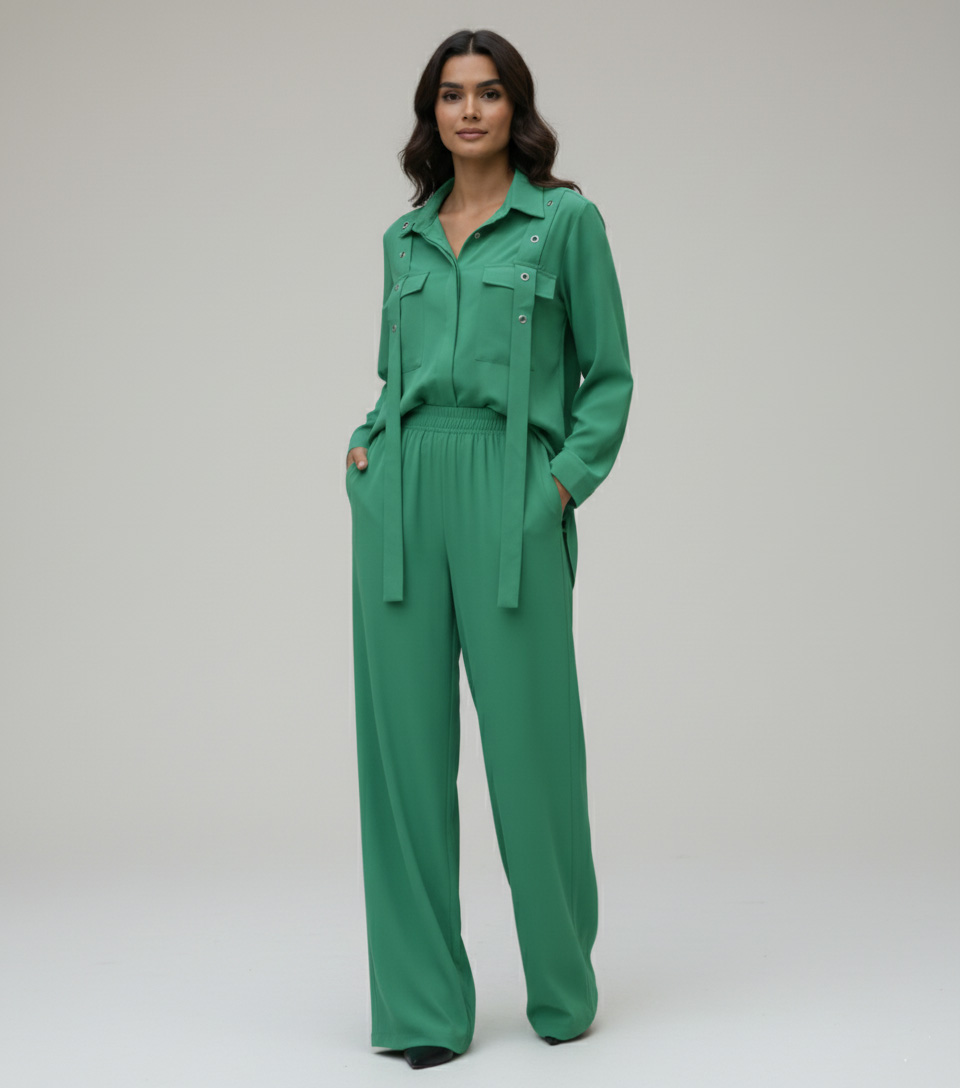 Vibrant Green Georgette 2-Piece Shirt & Palazzo Set - Image 2