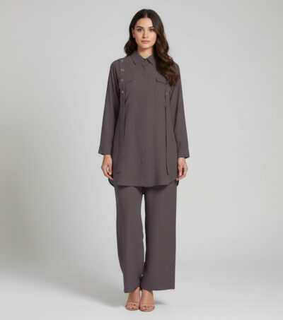 Elegant Charcoal Grey Georgette 2-Piece Shirt & Palazzo Set - Image 2