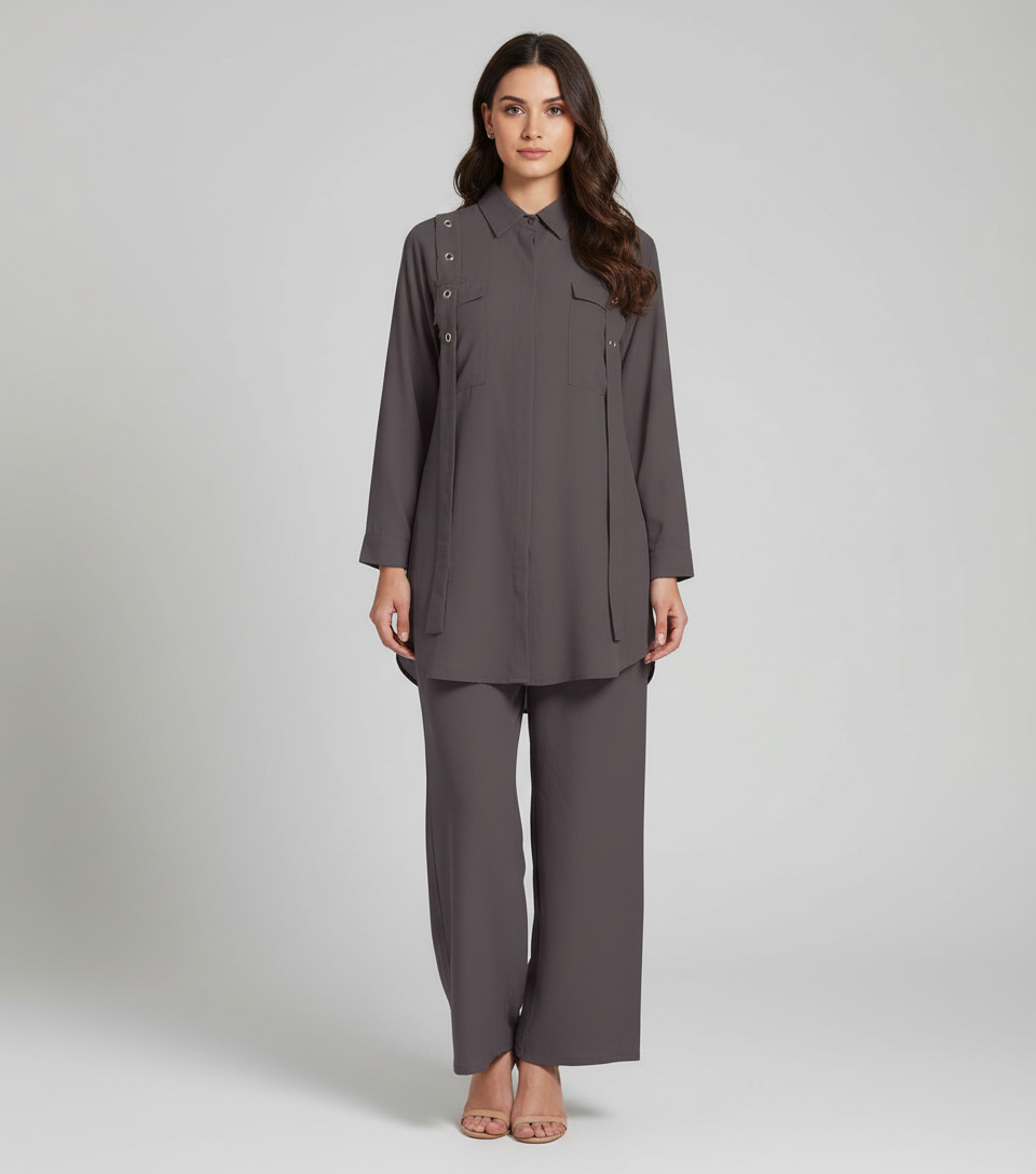Elegant Charcoal Grey Georgette 2-Piece Shirt & Palazzo Set - Image 2