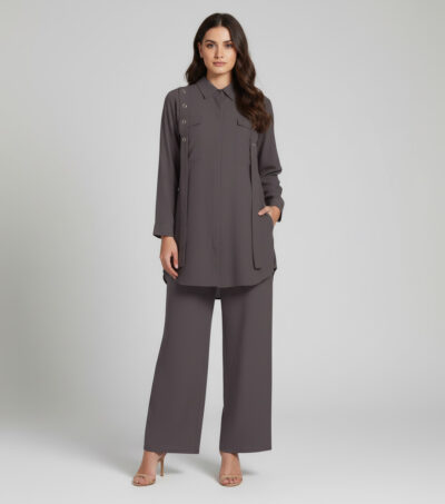 Elegant Charcoal Grey Georgette 2-Piece Shirt & Palazzo Set