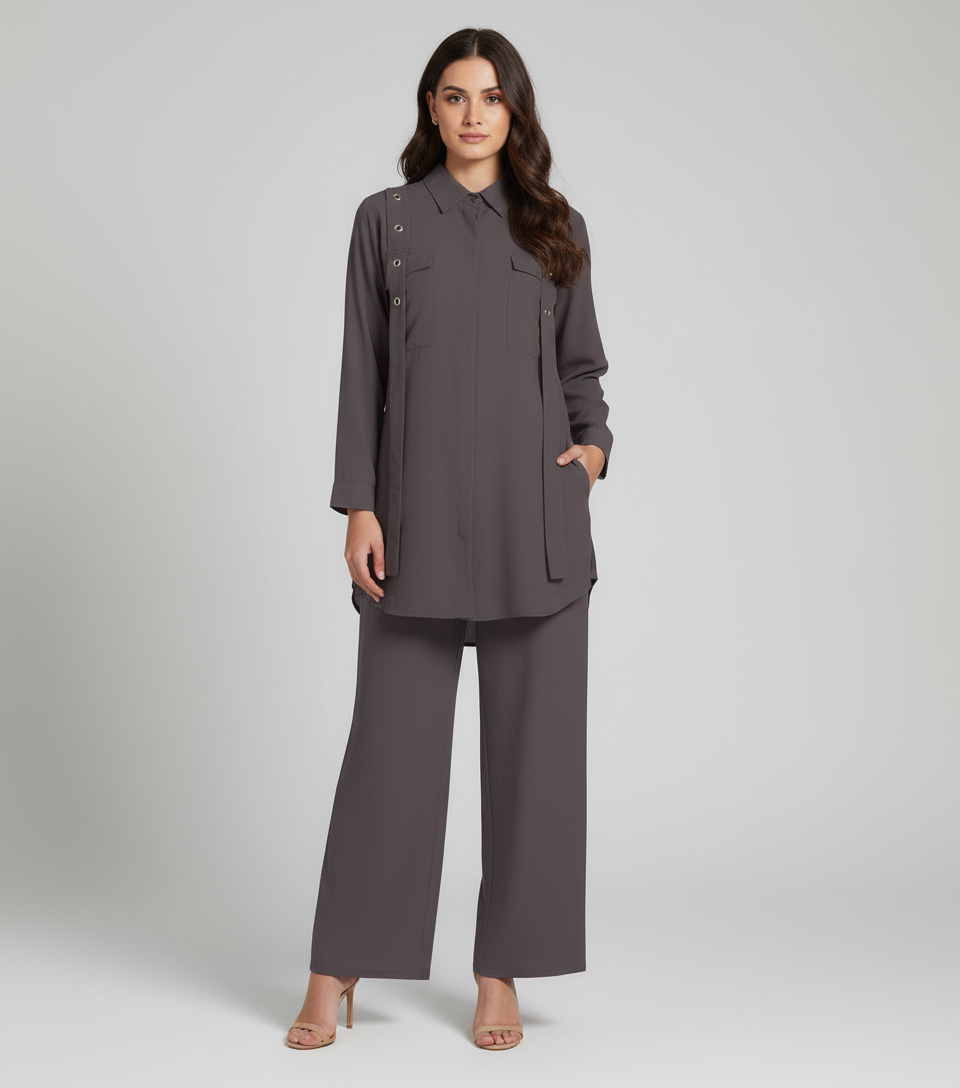 Elegant Charcoal Grey Georgette 2-Piece Shirt & Palazzo Set