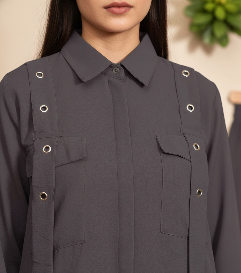 Elegant Charcoal Grey Georgette 2-Piece Shirt & Palazzo Set - Image 3