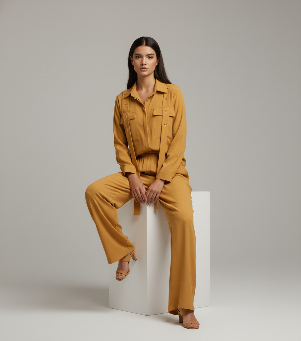 Vibrant Mustard Yellow Georgette 2-Piece Shirt & Palazzo Set - Image 3