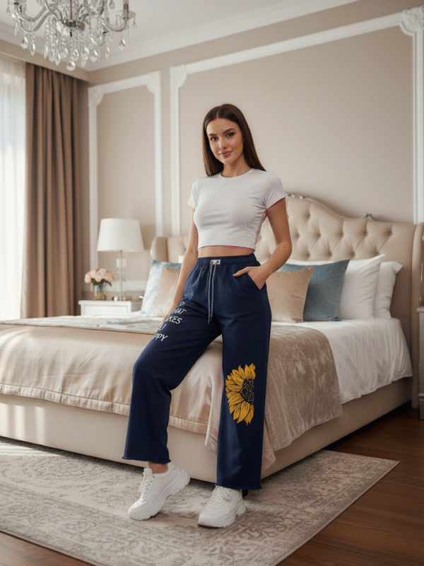Stylish Navy Blue Printed Denim Trousers - Free Size