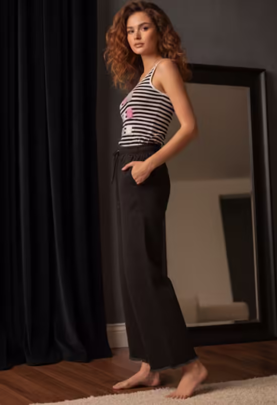 Striped Black & White Fuzzy Patchwork Camisole & Black Denim Trousers Set - Image 2