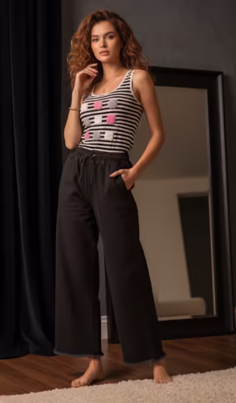 Striped Black & White Fuzzy Patchwork Camisole & Black Denim Trousers Set