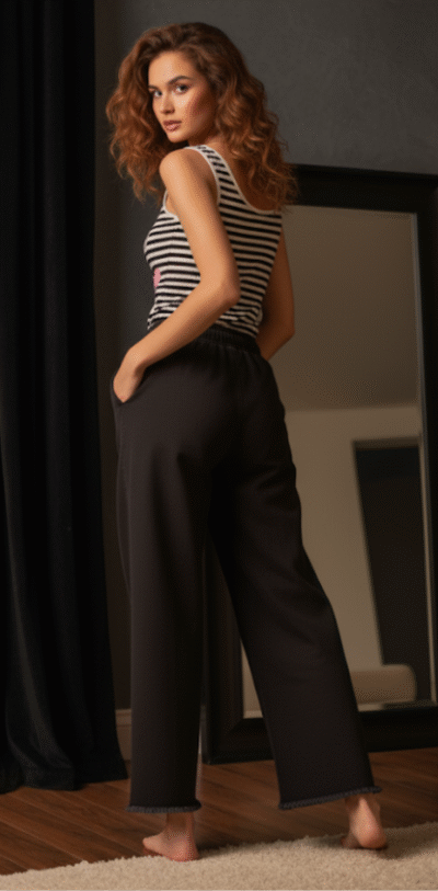 Striped Black & White Fuzzy Patchwork Camisole & Black Denim Trousers Set - Image 3