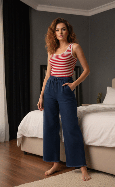 Striped Red & White Camisole & Navy Blue Denim Trousers Set