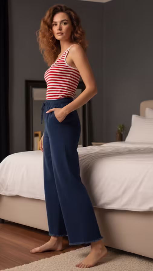 Striped Red & White Camisole & Navy Blue Denim Trousers Set - Image 3