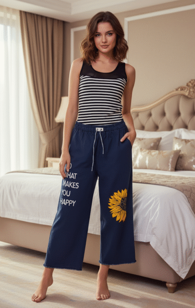 Striped Black & White Mesh Camisole & Printed Navy Blue Denim Trousers Set