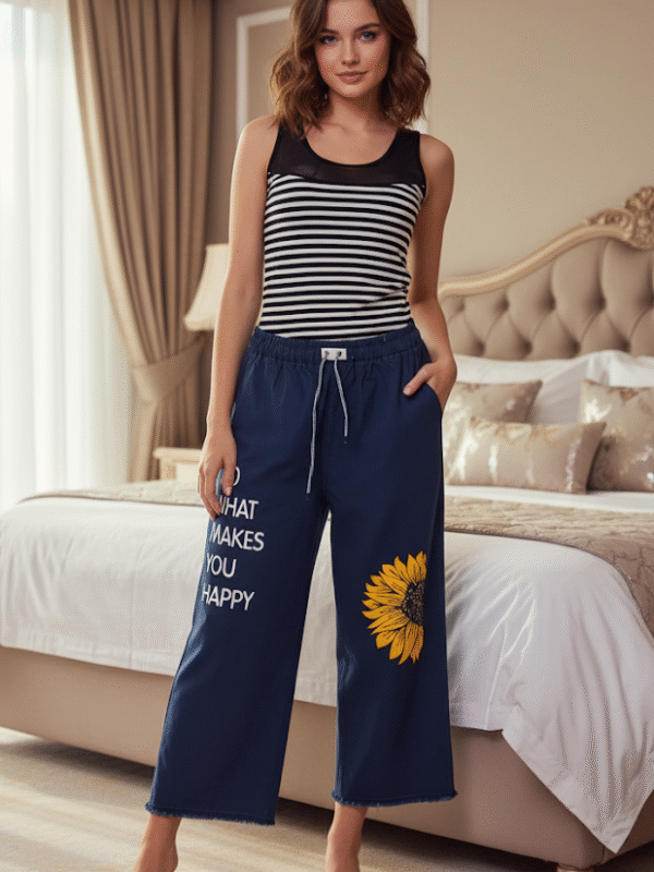 Striped Black & White Mesh Camisole & Printed Navy Blue Denim Trousers Set