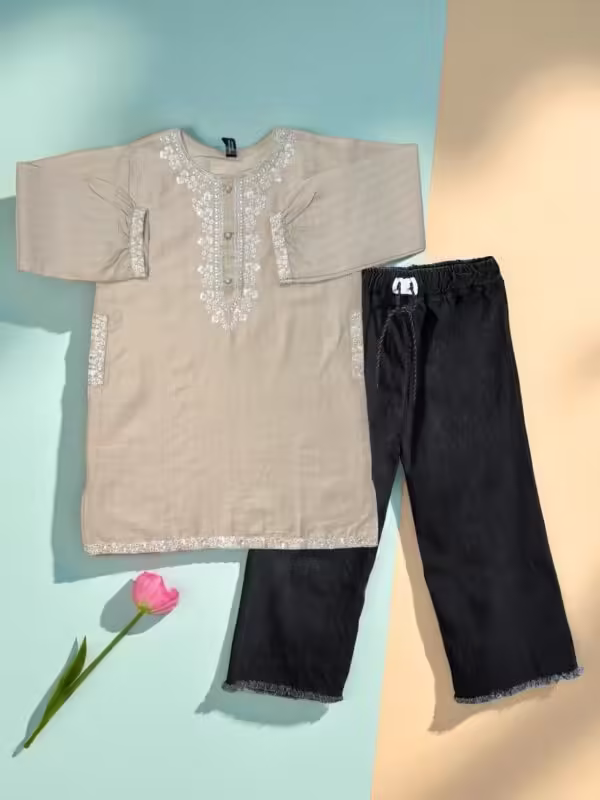 Nude Beige Cotton Embroidered Top & Black Denim Trousers Set