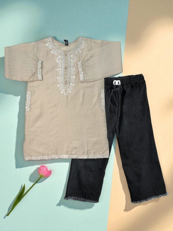 Nude Beige Cotton Embroidered Top & Black Denim Trousers Set