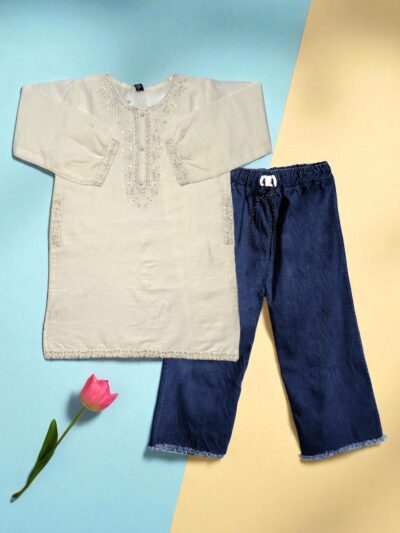 Off-White Cotton Embroidered Top & Navy Blue Denim Trousers Set