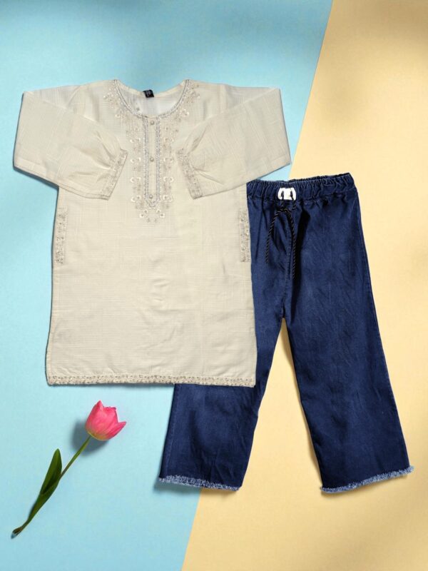 Off-White Cotton Embroidered Top & Navy Blue Denim Trousers Set