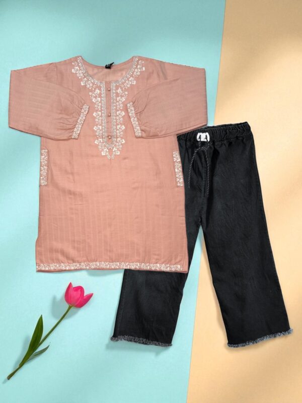 Charming Pink Cotton Embroidered Top & Black Denim Trousers Set