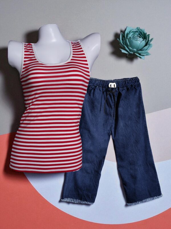Striped Red & White Camisole & Navy Blue Denim Trousers Set