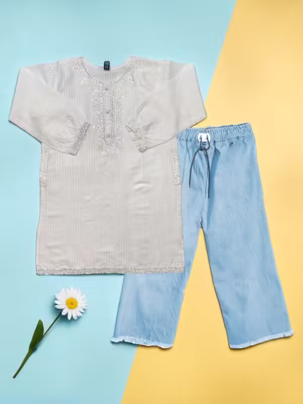 White Cotton Embroidered Top & Sky Blue Denim Trousers Set