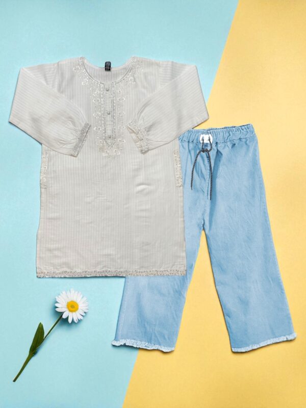 White Cotton Embroidered Top & Sky Blue Denim Trousers Set