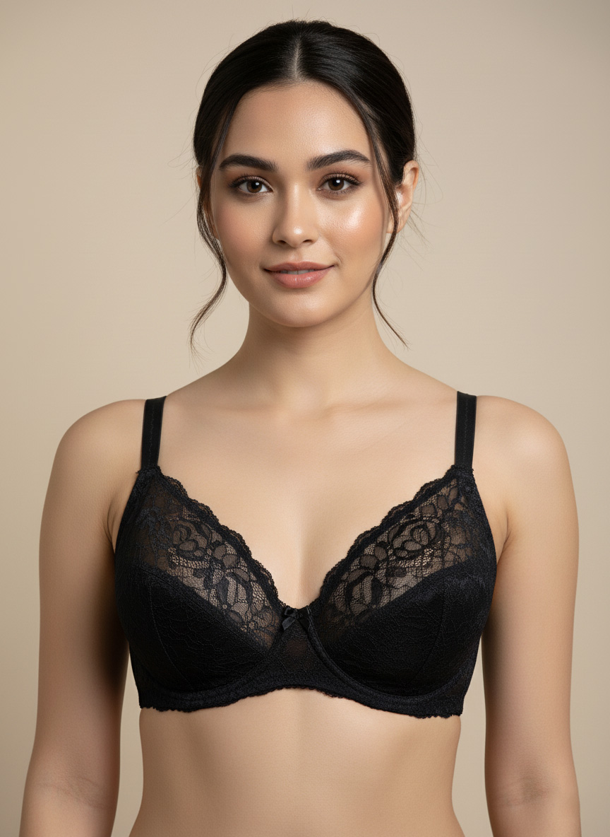 Fancy Net Padded Wired Bra Black