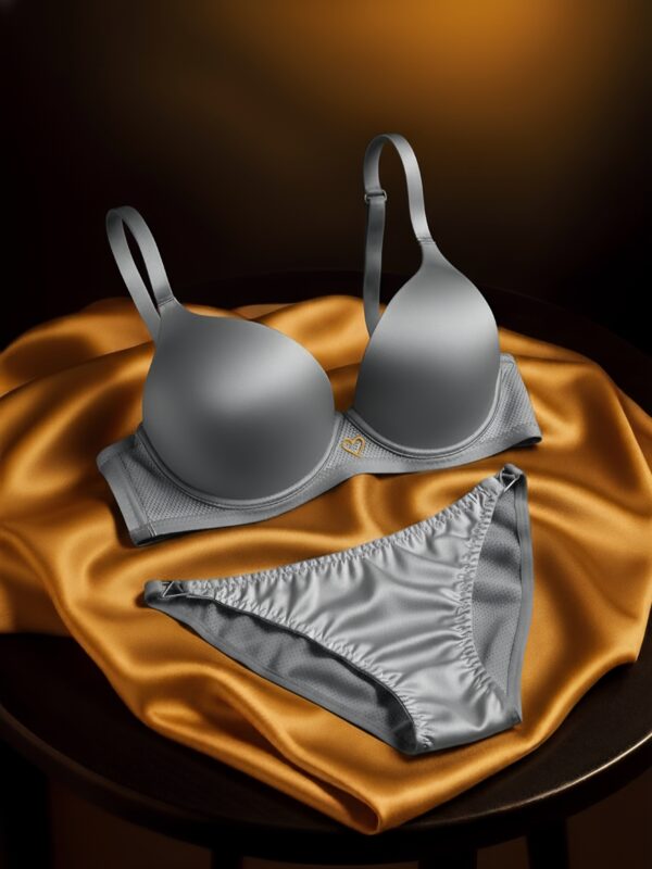 Silver Satin Lace Bra Set