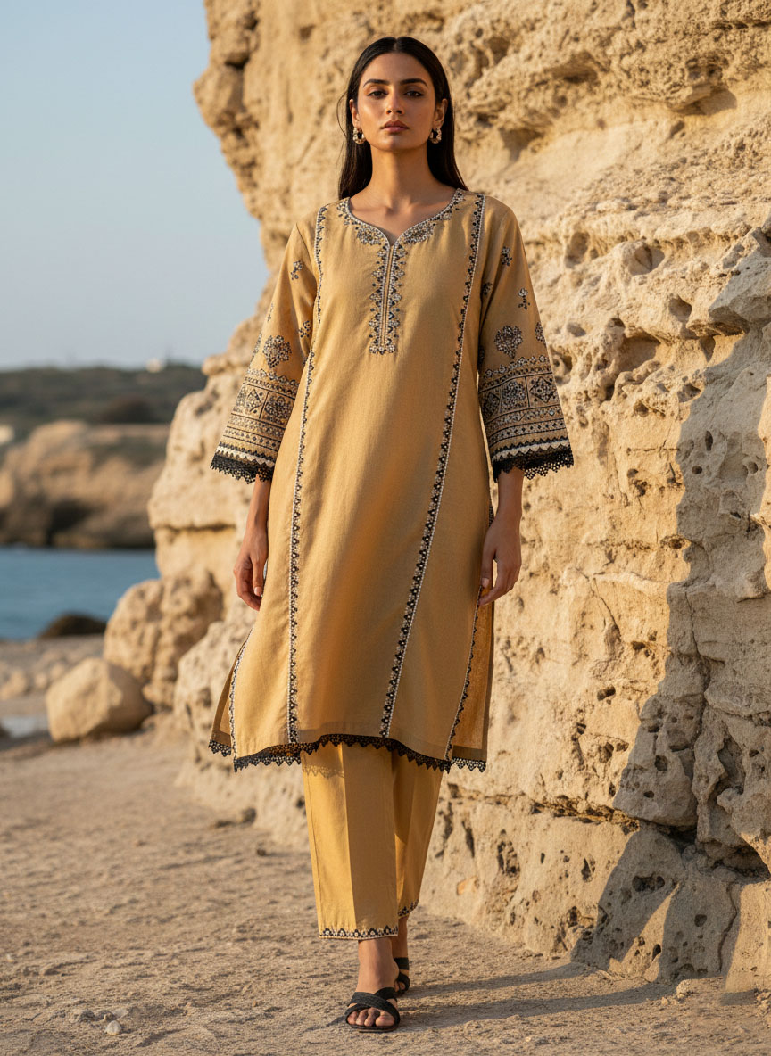 Ivory Lace Dream – Embroidered Cotton Pret Kurta