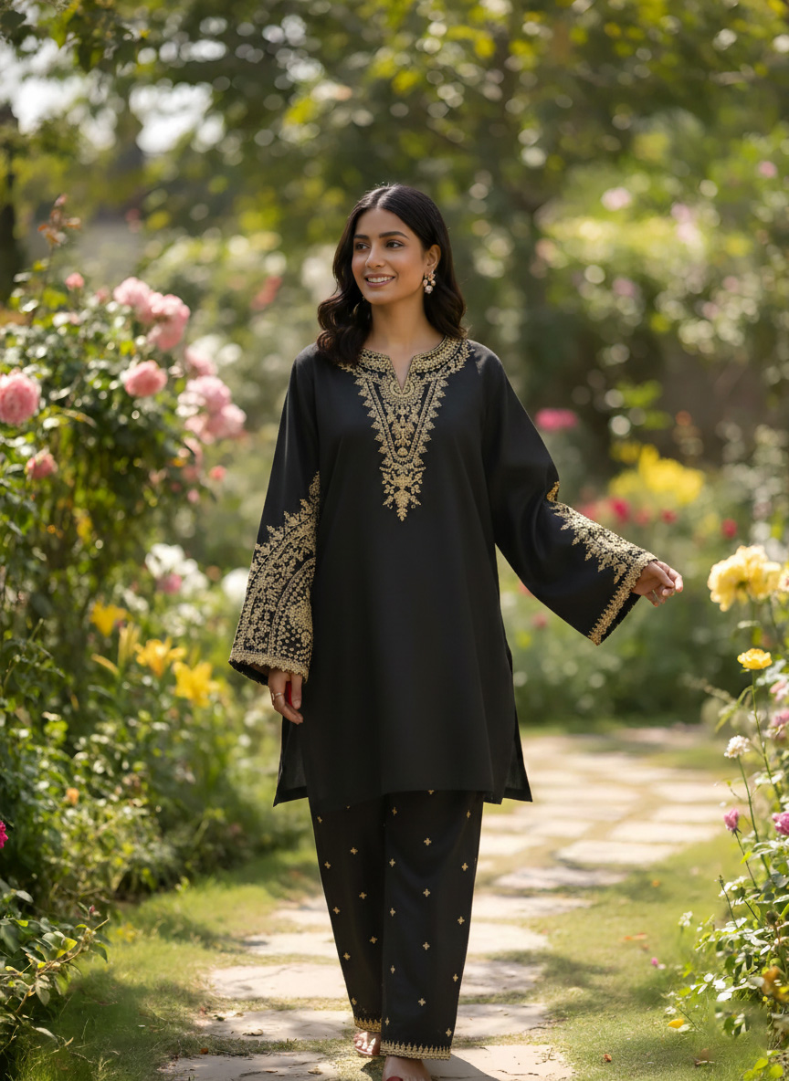Siyah-e-Noor – Embroidered Black & Gold Luxe Pret Set - Image 2