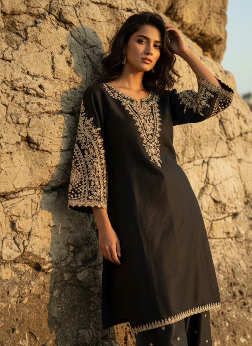 Siyah-e-Noor – Embroidered Black & Gold Luxe Pret Set