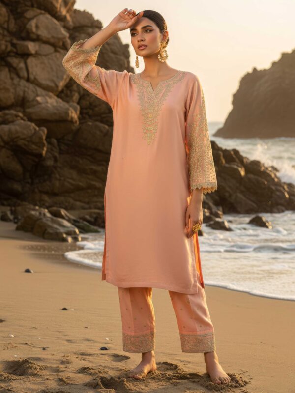 Gul-e-Zarrin – Rose Pink & Gold Embroidered Pret Set
