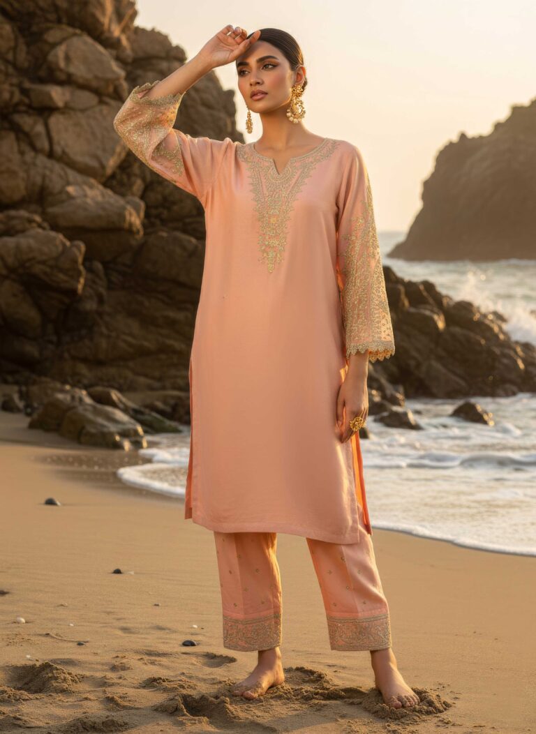 Gul-e-Zarrin – Rose Pink & Gold Embroidered Pret Set