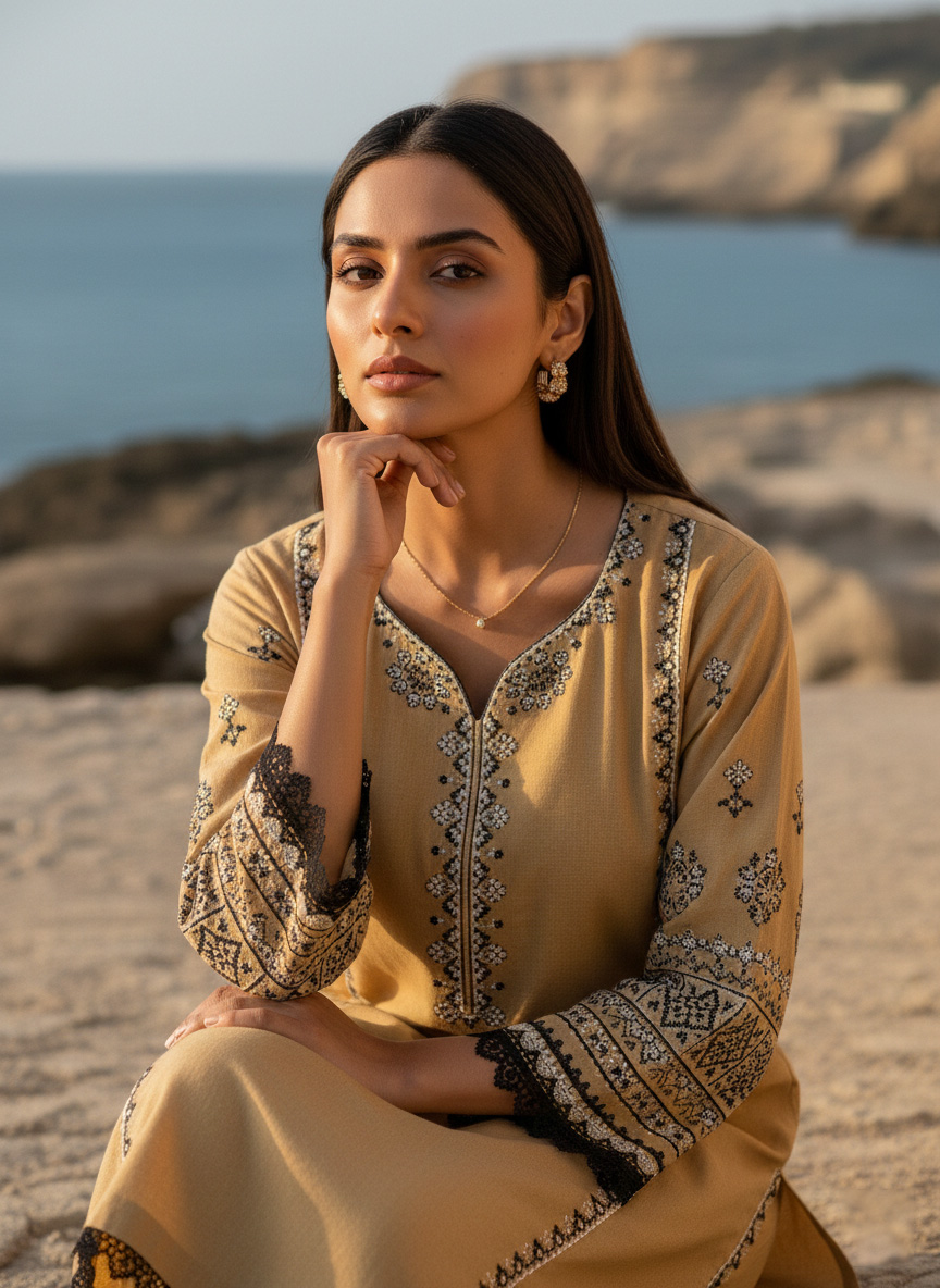 Ivory Lace Dream – Embroidered Cotton Pret Kurta - Image 4