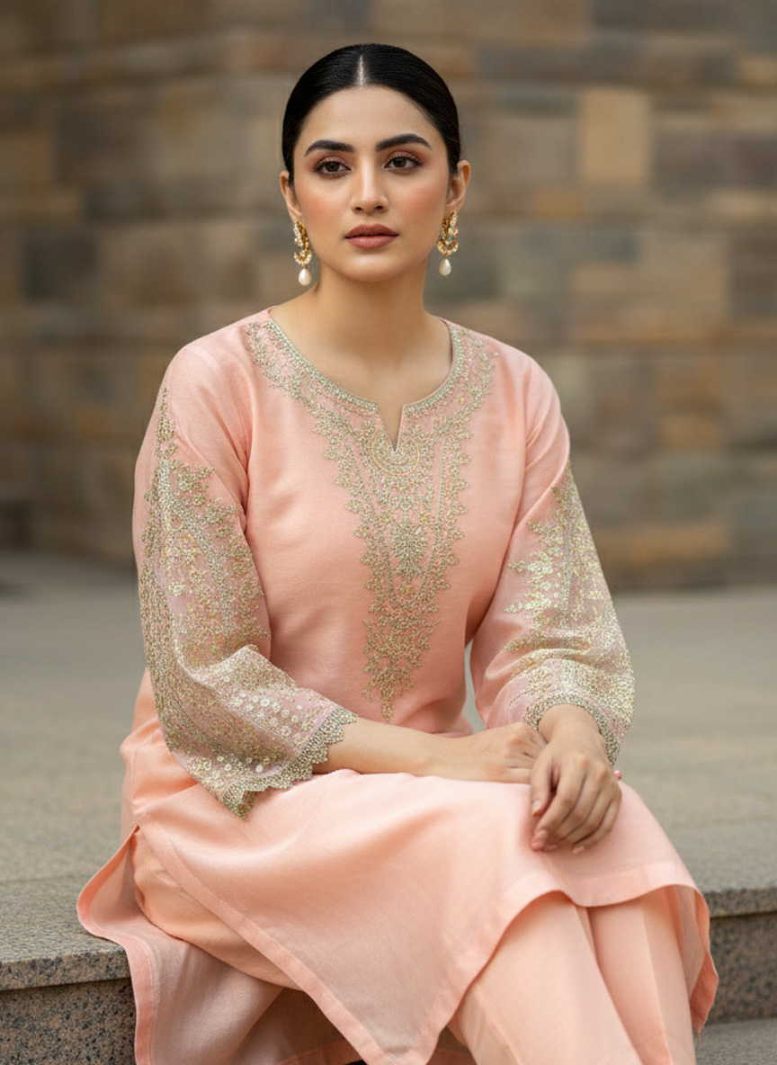 Gul-e-Zarrin – Rose Pink & Gold Embroidered Pret Set - Image 2