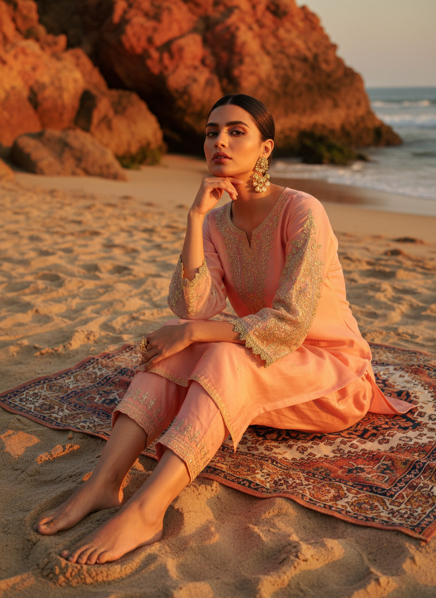 Gul-e-Zarrin – Rose Pink & Gold Embroidered Pret Set - Image 4